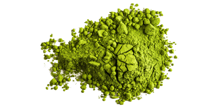 Green powder pill, Heap of green matcha tea powder on transparent background