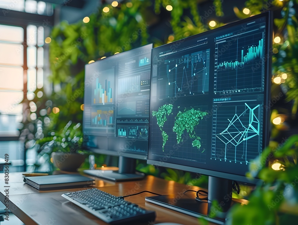 Poster sustainable tech startup office with modern data analytics displays