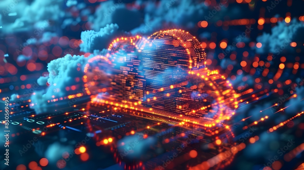Poster futuristic cloud computing servers powering global digital in modern data center
