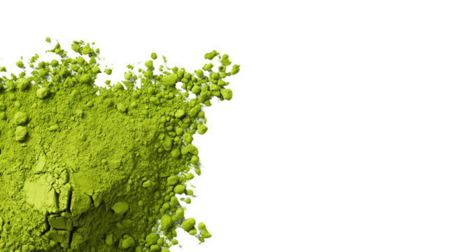 Heap of green matcha tea powder on transparent background