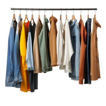 A rack of clothes hanging on a white background. The clothes are of various colors and styles, including jeans, jackets, and shirts, isolated on transparent background