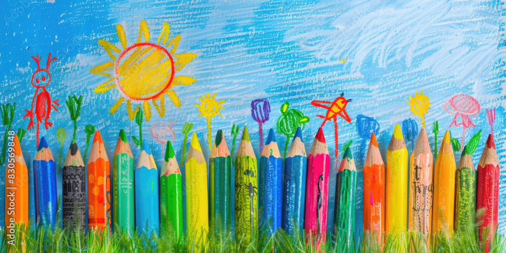 Aufkleber a colorful row of crayons is arranged in a field with a sun in the background. the crayons are scatt