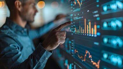 Financial Advisor Explaining Investment Strategies on Digital Touchscreen Board for Financial Management