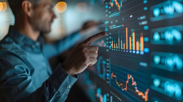 Financial Advisor Explaining Investment Strategies on Digital Touchscreen Board for Financial Management