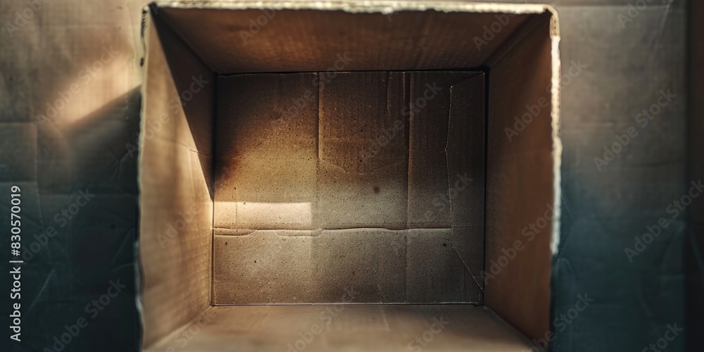 Aufkleber a cardboard box with a hole in the middle. the box is empty and has a light shining on it