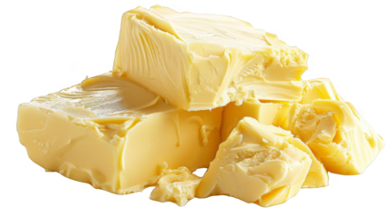 A close up of a yellow butter block with a few pieces missing, isolated on transparent background