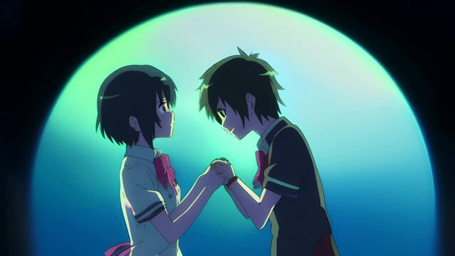 Anime guy and girl holding hands and looking at each other