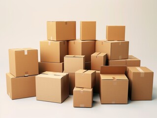 Fototapeta premium A stack of cardboard boxes with a white background. The boxes are of different sizes and are piled on top of each other
