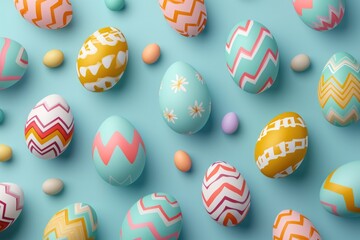 Fototapeta premium A colorful assortment of eggs with stripes and flowers on them. The eggs are scattered across a blue background