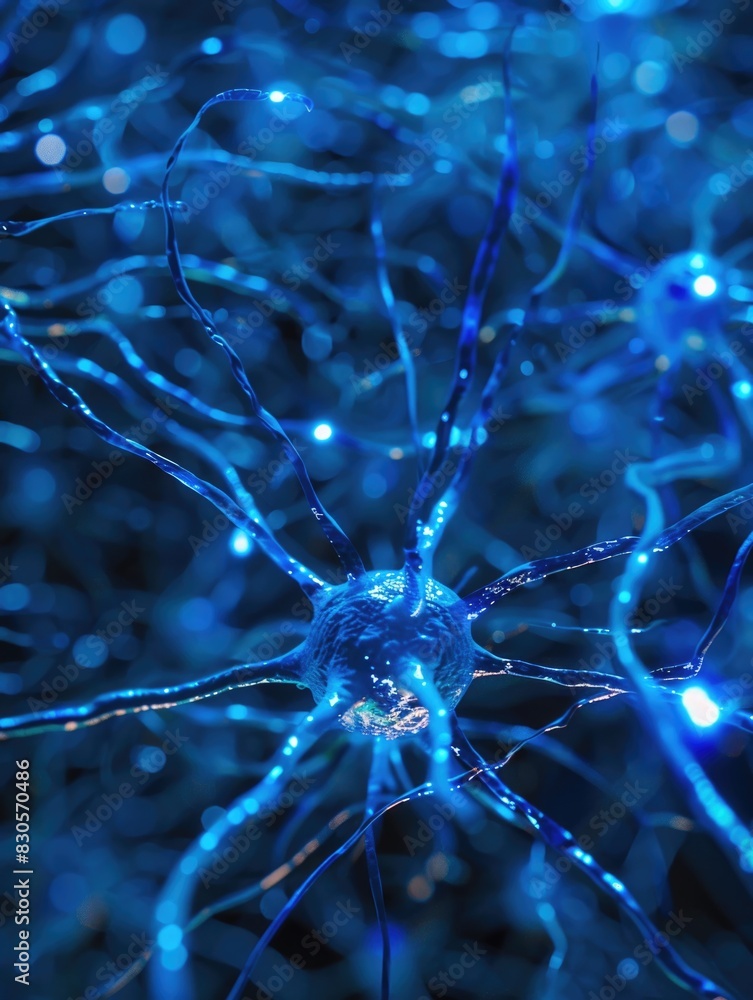 Poster a close up of a blue brain with many blue wires coming out of it. concept of complexity and intricac