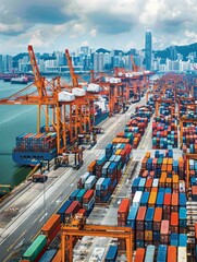 Overhead view of a commercial shipping container port with cranes and stacked containers in Hong Kong