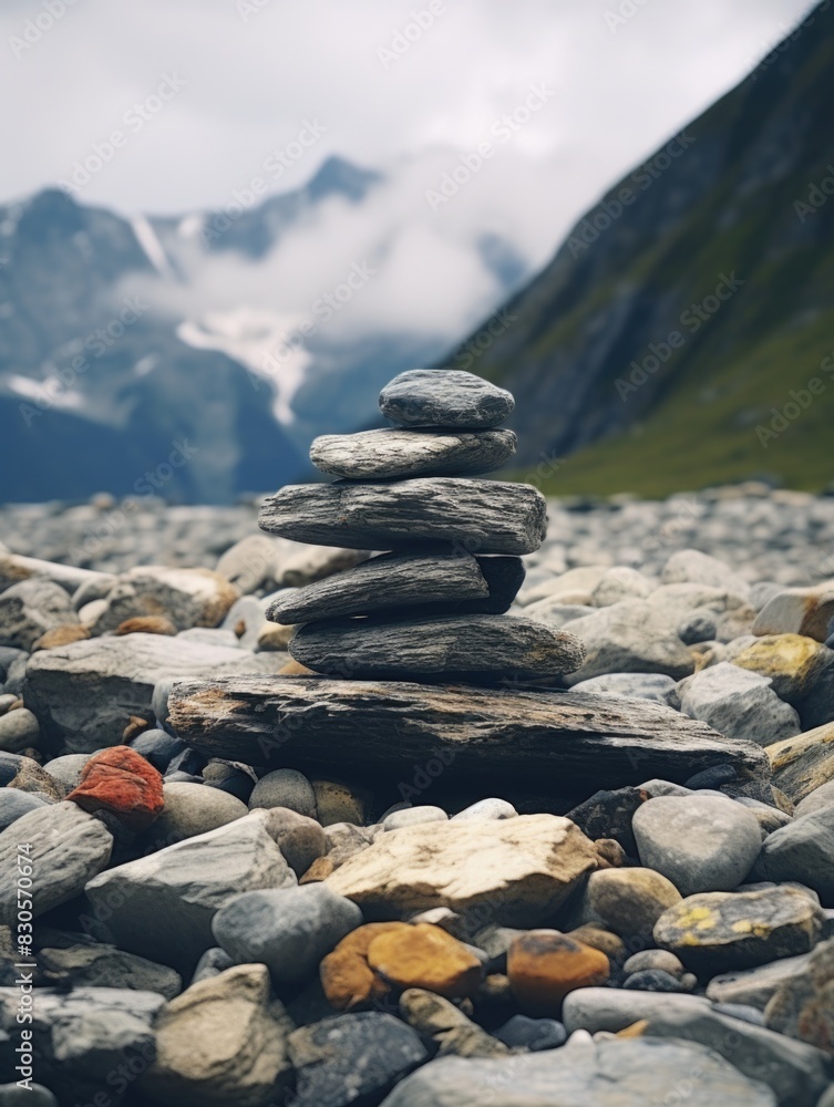 Poster a stack of rocks on a beach with mountains in the background. the rocks are of different sizes and c