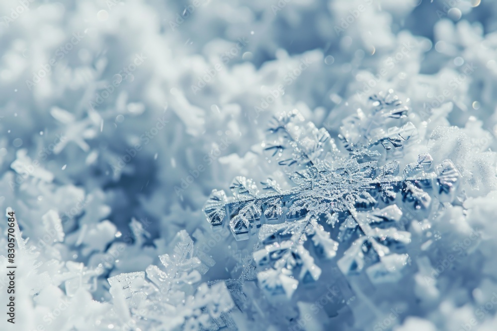 Poster a snowflake is on top of a pile of snow. the snowflake is small and has a lot of detail. the snow is