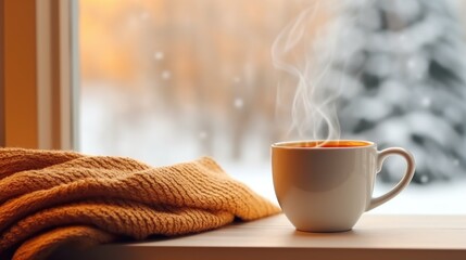 A cup of coffee is sitting on a table next to a blanket. The steam from the coffee is rising up and filling the room. The scene is cozy and inviting, perfect for a relaxing morning or afternoon