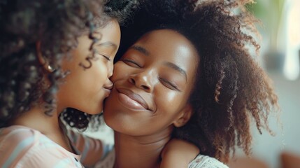 Obraz premium A mother and daughter are hugging each other. The mother has a big smile on her face and the daughter is kissing her. Scene is warm and loving