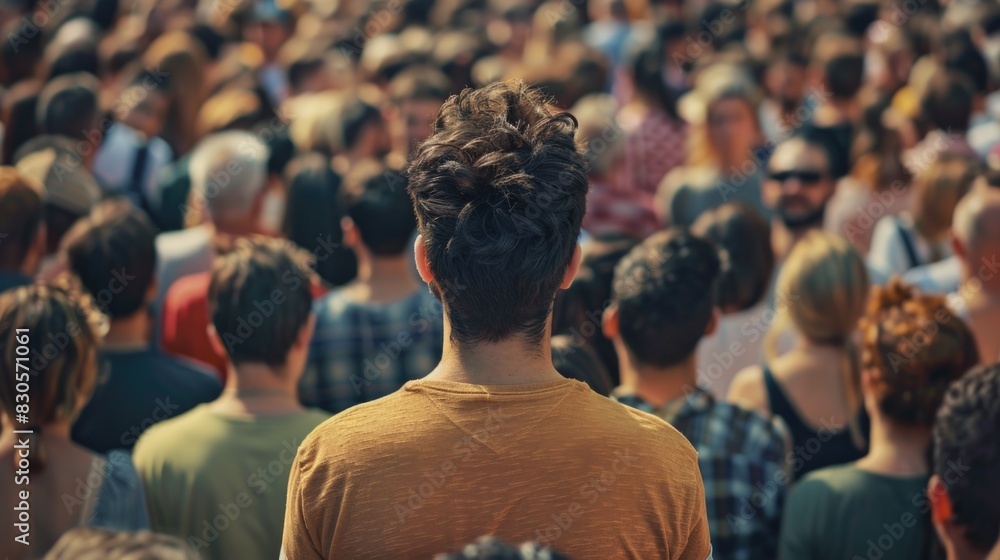 Poster a man stands in a crowd of people, looking up at the sky. concept of unity and togetherness, as the 