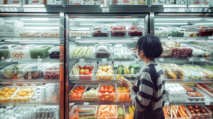A shopper examines an array of fresh vegetables and fruits under vibrant lights, highlighting the hypermarkets abundant variety