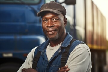 A man in a blue vest and hat is smiling at the camera. He is standing next to a blue truck
