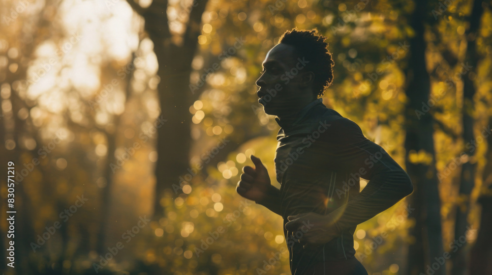 Poster a man running in a forest with the sun shining on him. scene is energetic and active