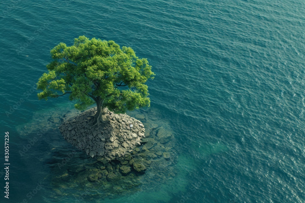 Poster a tree is growing on a rock in the ocean. concept of tranquility and harmony between nature and the 