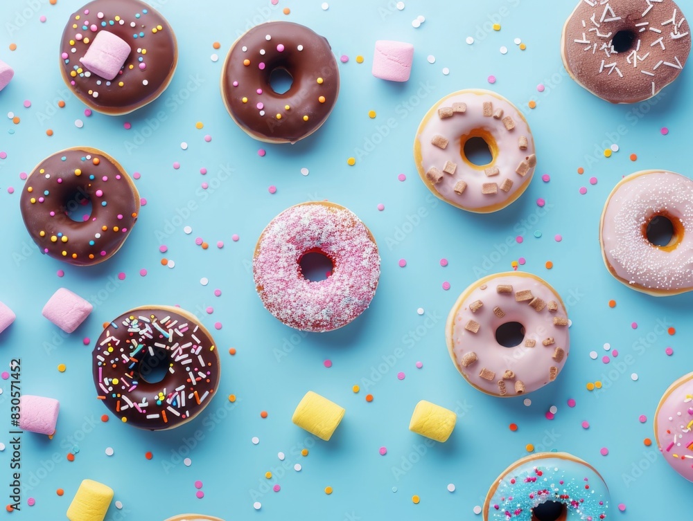 Aufkleber a row of colorful donuts with sprinkles and marshmallows on a blue background. the donuts are arrang