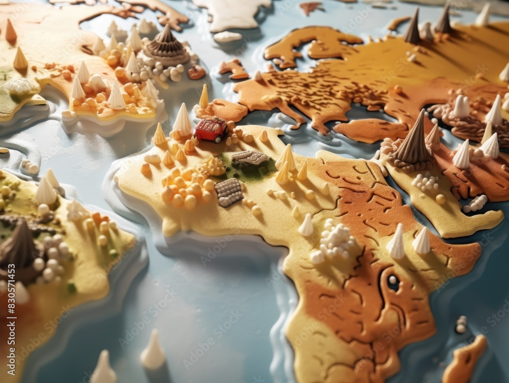 Poster a map of the world with a car on it. the car is in the middle of the map and is surrounded by mounta