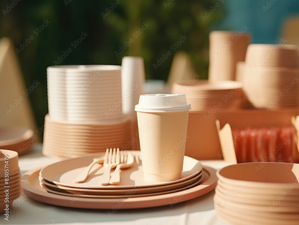 Poster a table with a cup of coffee and a fork and knife on a plate. the table is covered with many paper p
