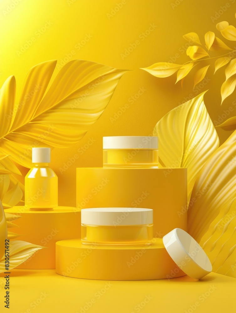 Poster a yellow background with a display of three different beauty products. the products are arranged in 