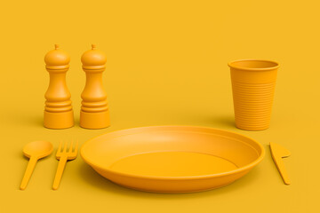 Set of disposable utensils like plate, folk, spoon,knife, cup and pepper mill
