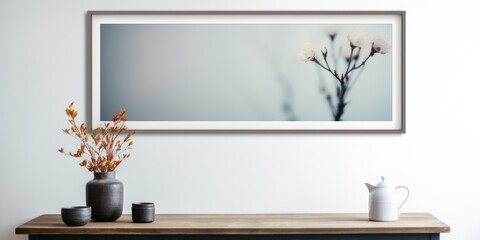 A framed picture of a tree with flowers on it hangs on a white wall. The image has a calming and peaceful mood, with the flowers and tree providing a sense of serenity