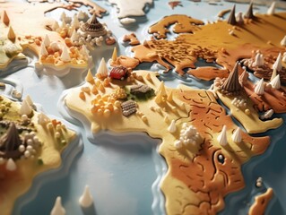 A map of the world with a car on it. The car is in the middle of the map and is surrounded by mountains