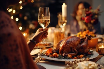 A person is holding a wine glass next to a large turkey on a plate. The table is set for a festive dinner with multiple dishes and a vase of flowers. The atmosphere is warm and inviting
