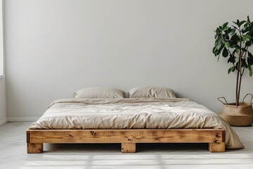 A wooden bed with a white comforter and two pillows. The bed is in a room with a white wall and a potted plant. The room has a minimalist and clean look