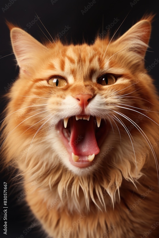 Poster a cat with its mouth open and teeth showing. the cat has a very angry expression on its face
