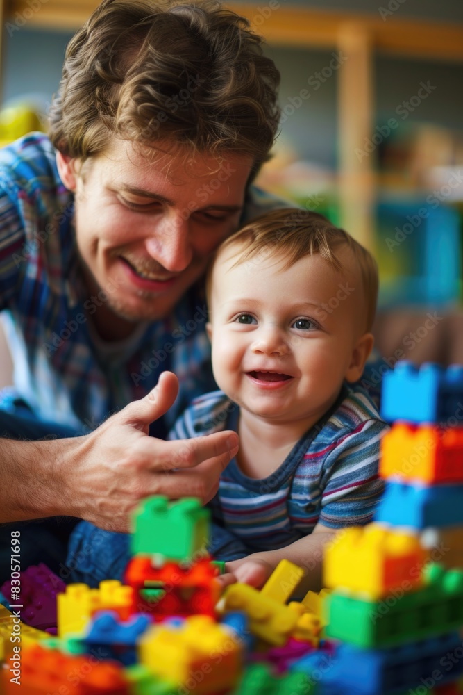 Poster a man and a baby are playing with blocks. the baby is smiling and the man is smiling back. scene is 