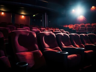A movie theater with red seats and a spotlight on the screen