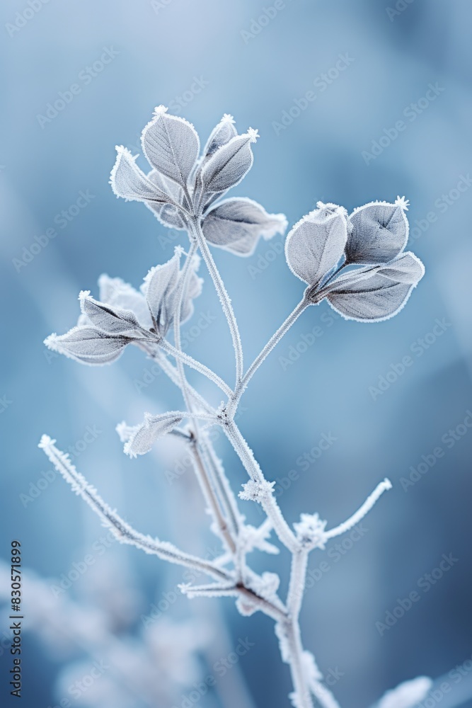 Poster a frozen flower branch with frost on it. the image has a serene and peaceful mood, as the frosted fl