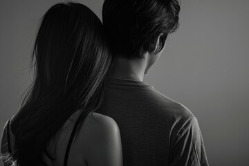 Obraz premium A man and woman are hugging each other. The man is wearing a gray shirt. The woman has long hair