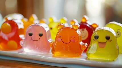 Obraz premium A row of monsters with big eyes and mouths gelatin desserts with different colors and expressions