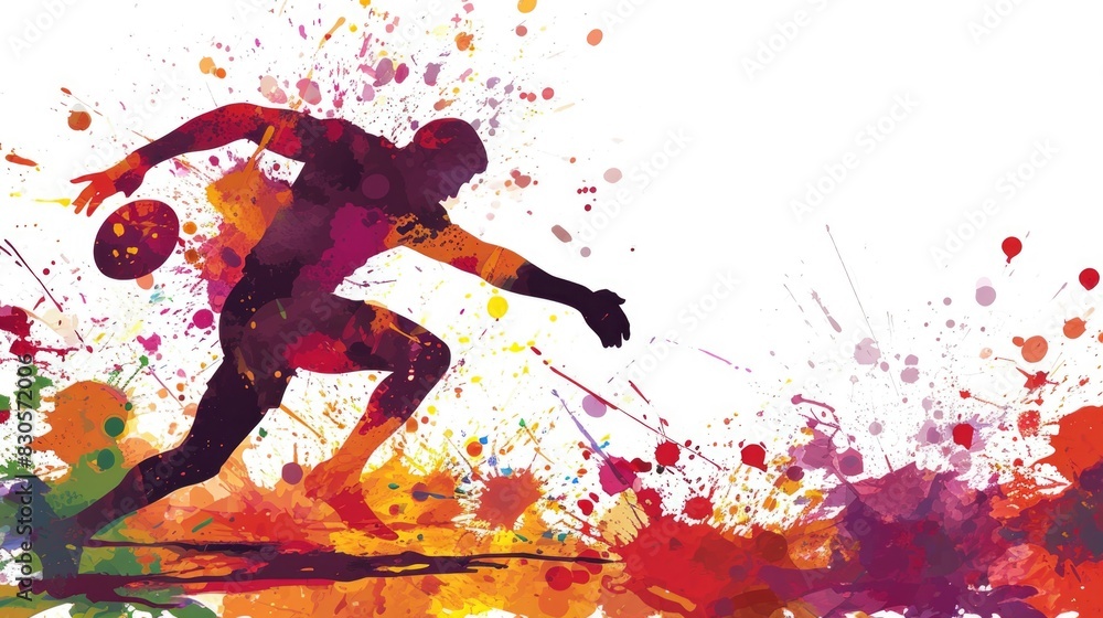 Poster a man is running with a football in his hand. the image is a colorful splash of paint, with the man'