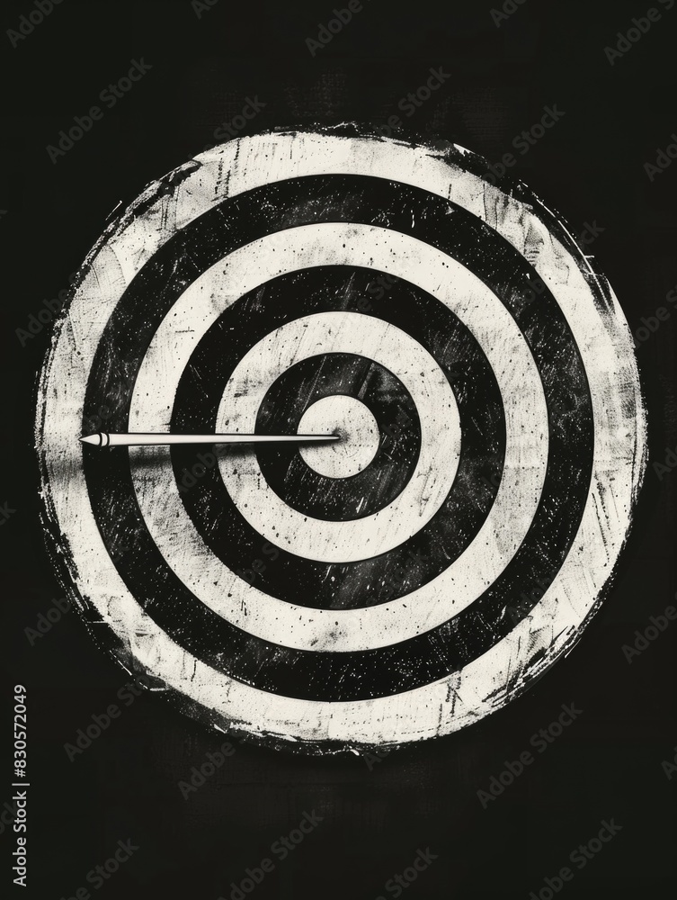 Poster a black and white photo of a target with a pencil sticking out of it. concept of focus and determina