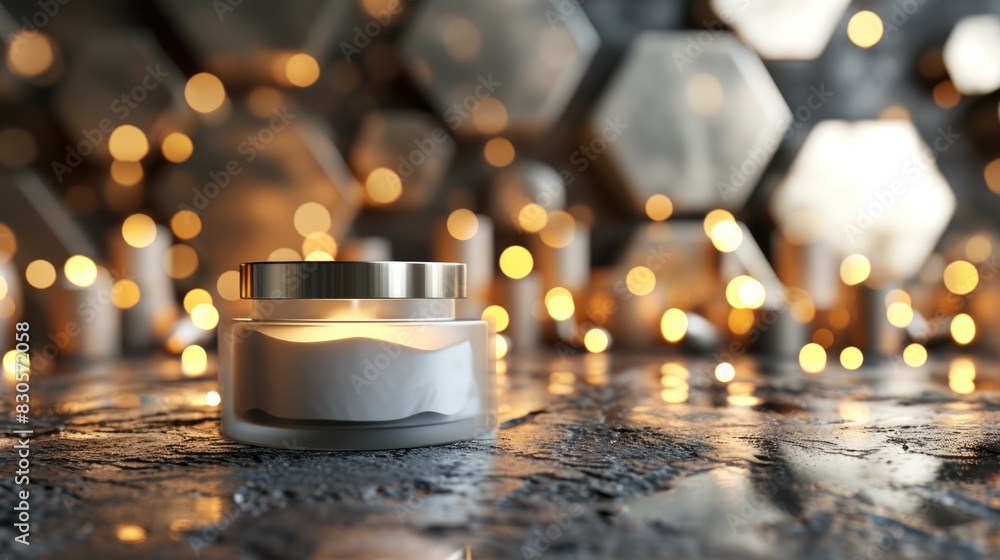 Poster a jar of cream sits on a table with a background of lights. the jar is the main focus of the image, 