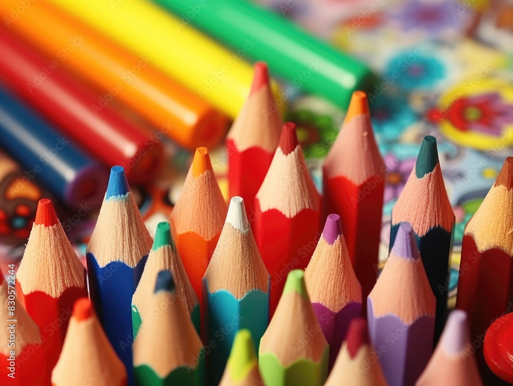 Poster a bunch of colored pencils are arranged in a row. the pencils are of different colors and sizes, and