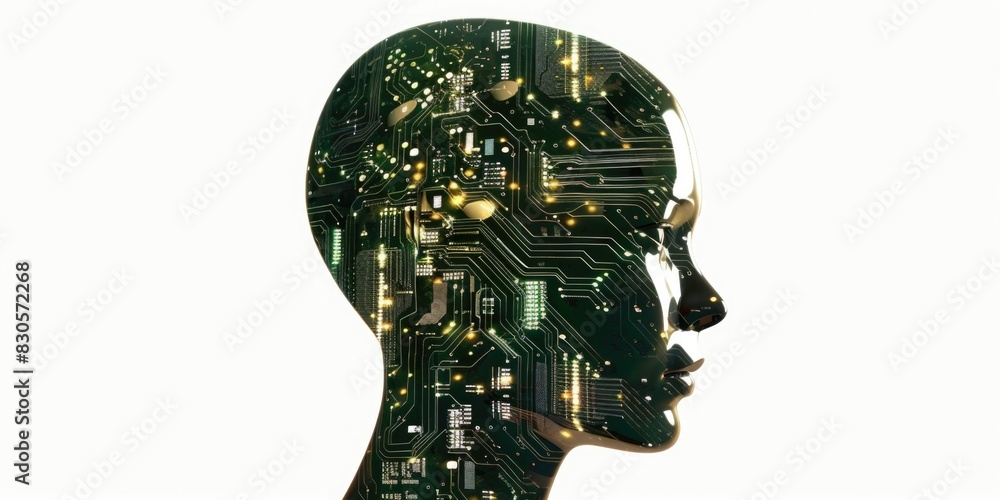 Poster a woman's head is made of computer parts. the image is a representation of the brain and its functio