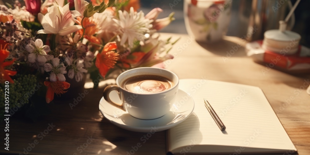 Poster a cup of coffee sits on a table next to a notebook. the notebook is open to a page with a pen on it.