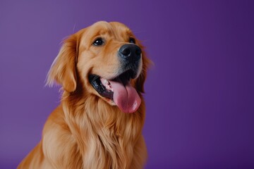 A dog with a tongue sticking out is sitting on a purple background. The dog appears to be happy and relaxed