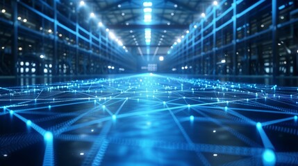 Obraz premium Futuristic Digital Network in Warehouse, Generative AI