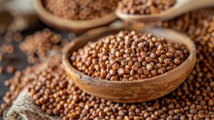 Obraz premium A wooden bowl holds brown lentils, nearby stand two wooden spoons, each filled with the same browning legumes A length of twine lies beside them