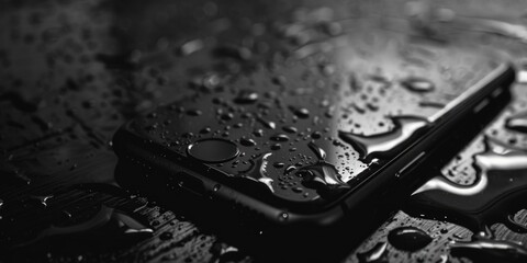 A cell phone is sitting on a table with water droplets on it. Concept of melancholy and loneliness, as the phone is the only object in the scene - Powered by Adobe