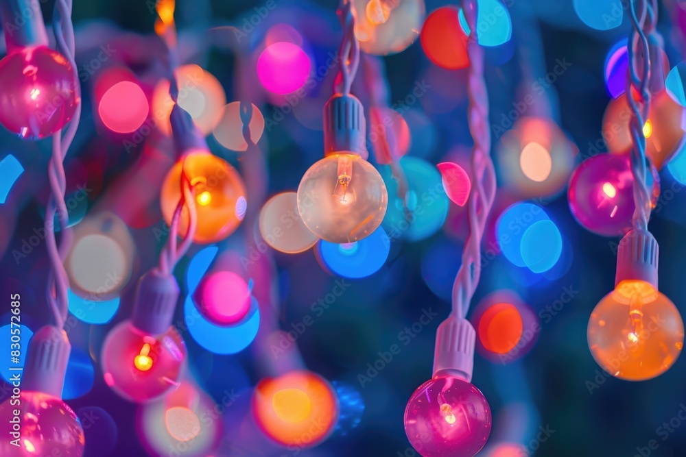 Poster a bunch of colorful lights hanging from a tree. the lights are of different colors and sizes, creati